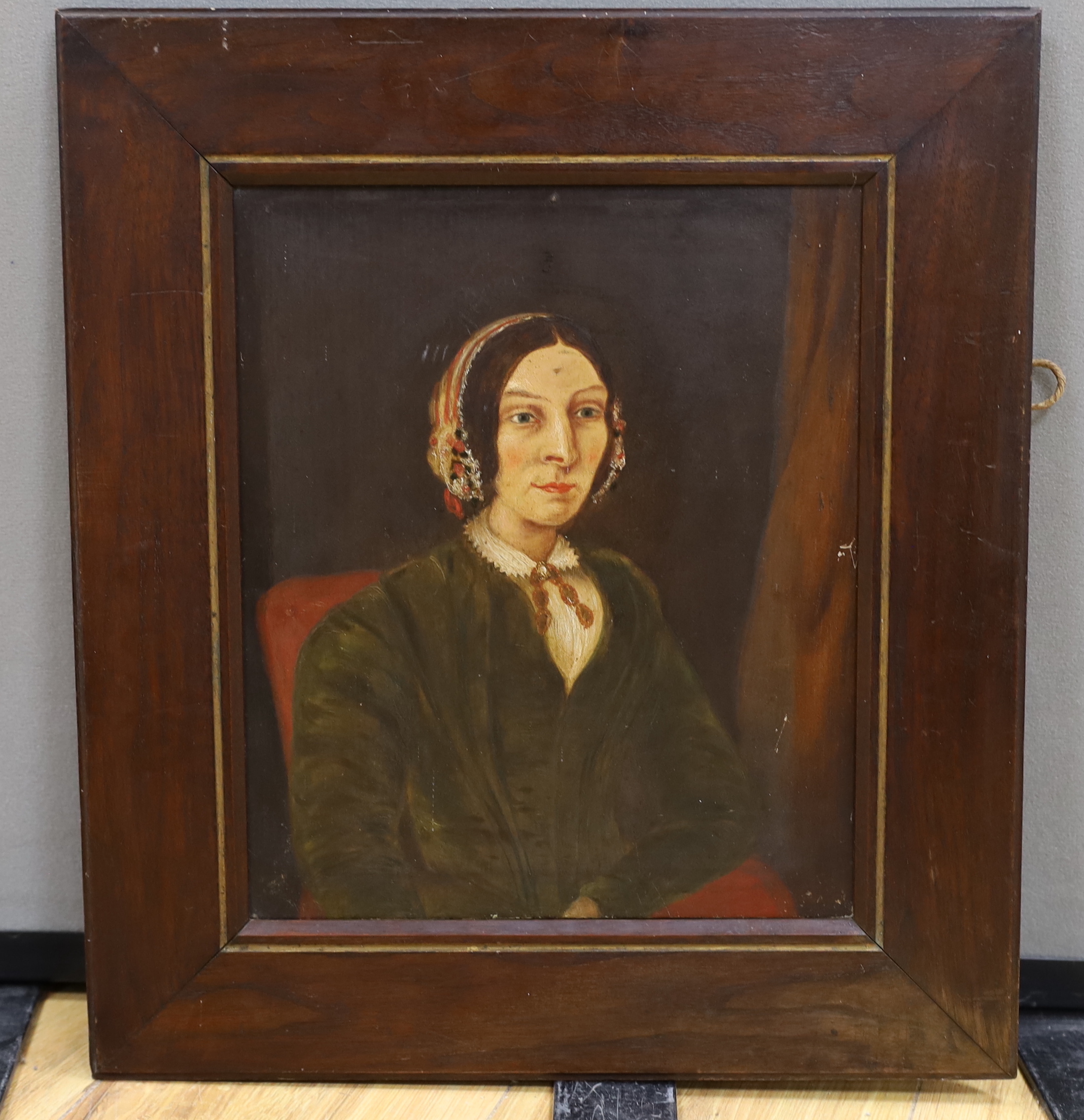 19th century naïve school, oil on board, Portrait of a lady, together with an oil on board of a river landscape, largest 36cm x 28cm